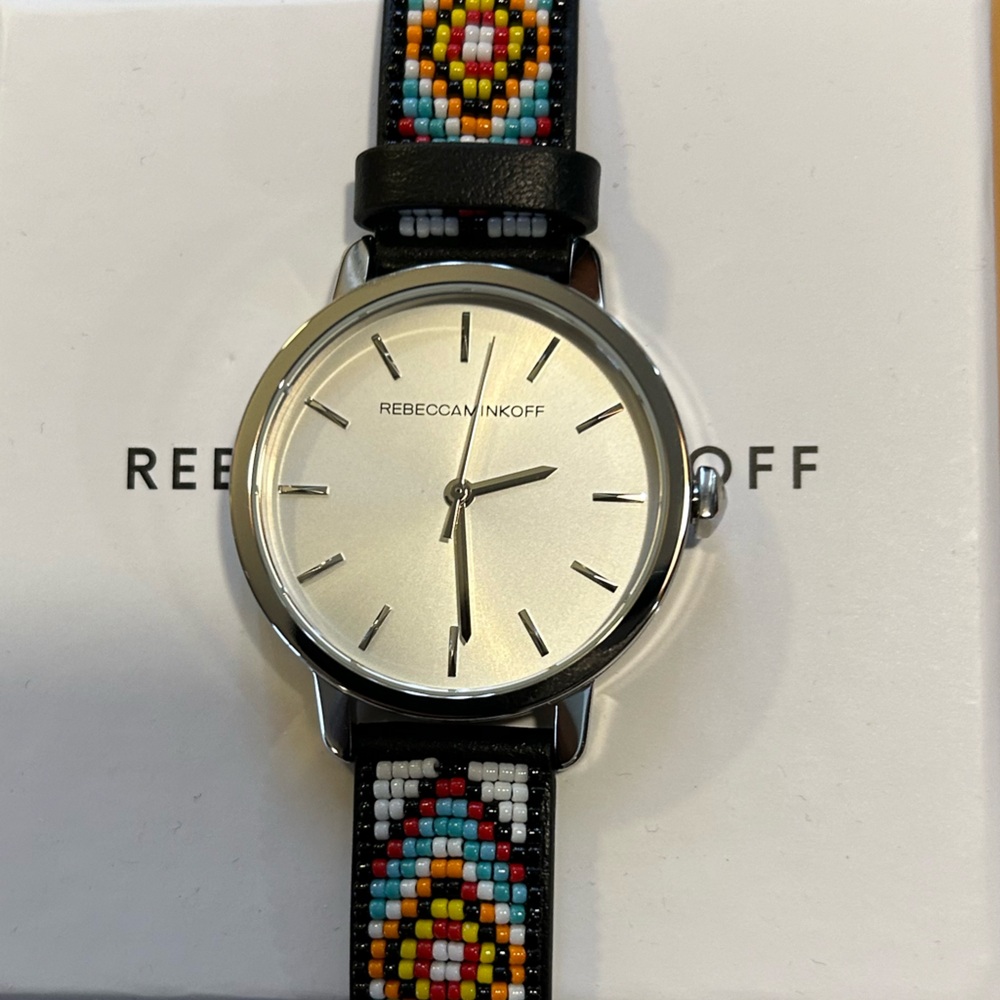 REBECCA MINKOFF WATCH WITH 36mm SILVER FACE & BLACK BEADED LEATHER BAND
